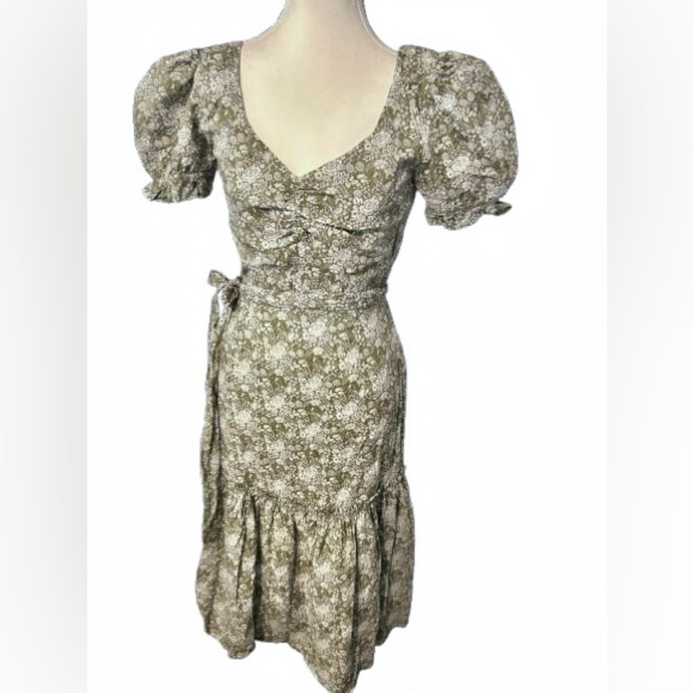 100% Cotton Antonio Melani Extra Small XS Green Floral Midi Dress Designer